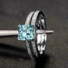 3Ctw Princess Cut Lab-Created Aquamarine Wedding Ring Set 14K White Gold Plated