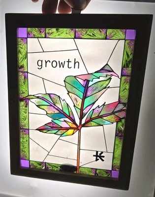 AMIA Hand Painted Glass Panel Growth Leaf Wood Framed Suncatcher Denver CO 8''