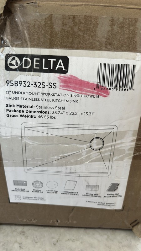 Delta 95B932-32S-SS 32in Undermount Workstation Single Bowl SS Sink Kit