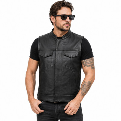 Klassische Herren Lederweste Schwarz Biker Echt Rindsleder Motorradweste