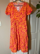 J. Crew Orange/Pink Floral Tiered Midi Dress Puff Sleeves V-Neck Pockets Size 6