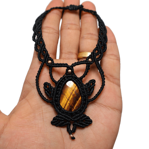 Gargantilla artesanal de macramé bohemio ojo de tigre natural collar de piedras preciosas de Reiki - Imagen 5 de 11