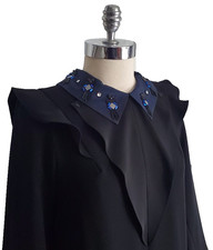 Sandro Short Black Lng Sleeve Blue Jeweled Collar Ruffle Shoulder Dress sz 2 4/6