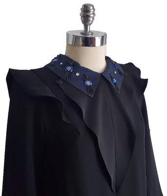 Sandro Short Black Lng Sleeve Blue Jeweled Collar Ruffle Shoulder Dress sz 2 4/6