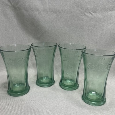 Vintage Coca-Cola Green Fluted Soda Fountain Glasses Heavy Tall Lot of 4