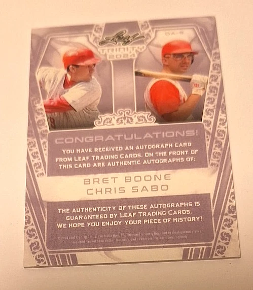 Leaf Trinity Dual Signatures 2025 rojo #DA-6 Bret Boone & Chris Sabo automático #1/10 Foto 3 de 3