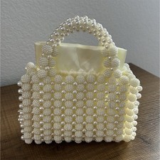Handmade Ivory Pearl Beaded Bridal Handle Clutch Bag, Lined Drawstring