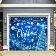 1PC 8x7ft Blue Merry Christmas Garage Door Banner Decorations Bokeh Sparkle S...