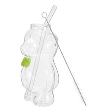 Adorable Bear Glass Cup With Straw And Cleaning Brush 320 ml For Coffee