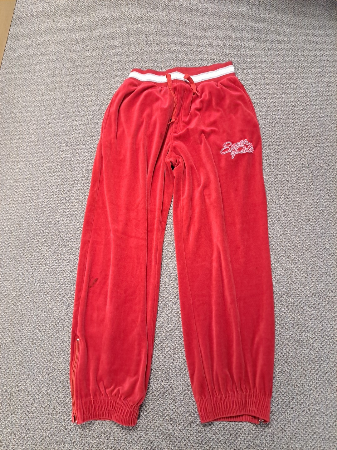 Y2K Southpole Velour Pants Red Felt Soft Zipper Elastic Embroidered