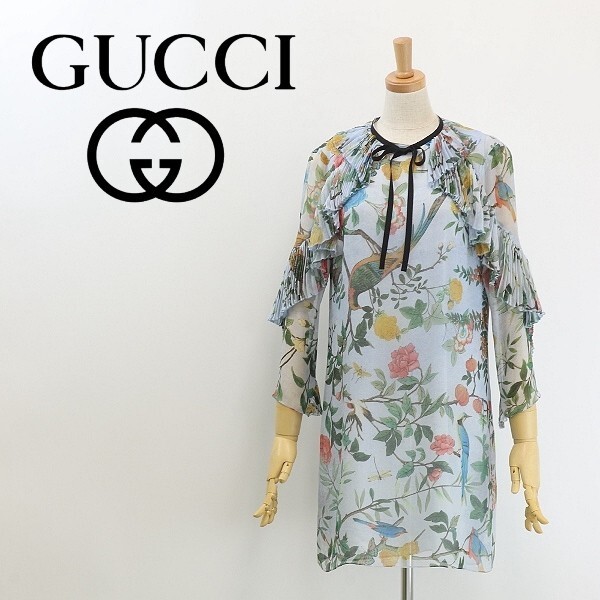 Gucci Silk Chiffon Pleated Frill Dress Bird Flower Print Size 36