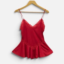 Vintage Red Camisole Cami Lace Trim Top Retro Satin Pinup Romantic Lingerie