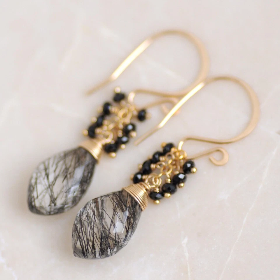 AA+ Pendientes colgantes de cuarzo y espinela rutilados oro 14k micras idea de regalo de cumpleaños Foto 3 de 4