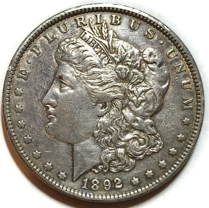 1892 P Morgan Silver Dollar Choice AU Details, Beautiful Toning, Rim Damage