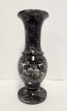 Black Marble Vase w/ White Etched Floral Scene 8” Polished Stone Decor