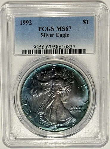 1992 American Silver Eagle PCGS MS67🌈 MONSTER RAINBOW TONER😱
