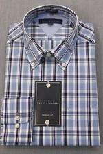 TOMMY HILFIGER Men BLUE WHITE PLAID CHECKER REG FIT DRESS SHIRT NWT 15 32-33 65
