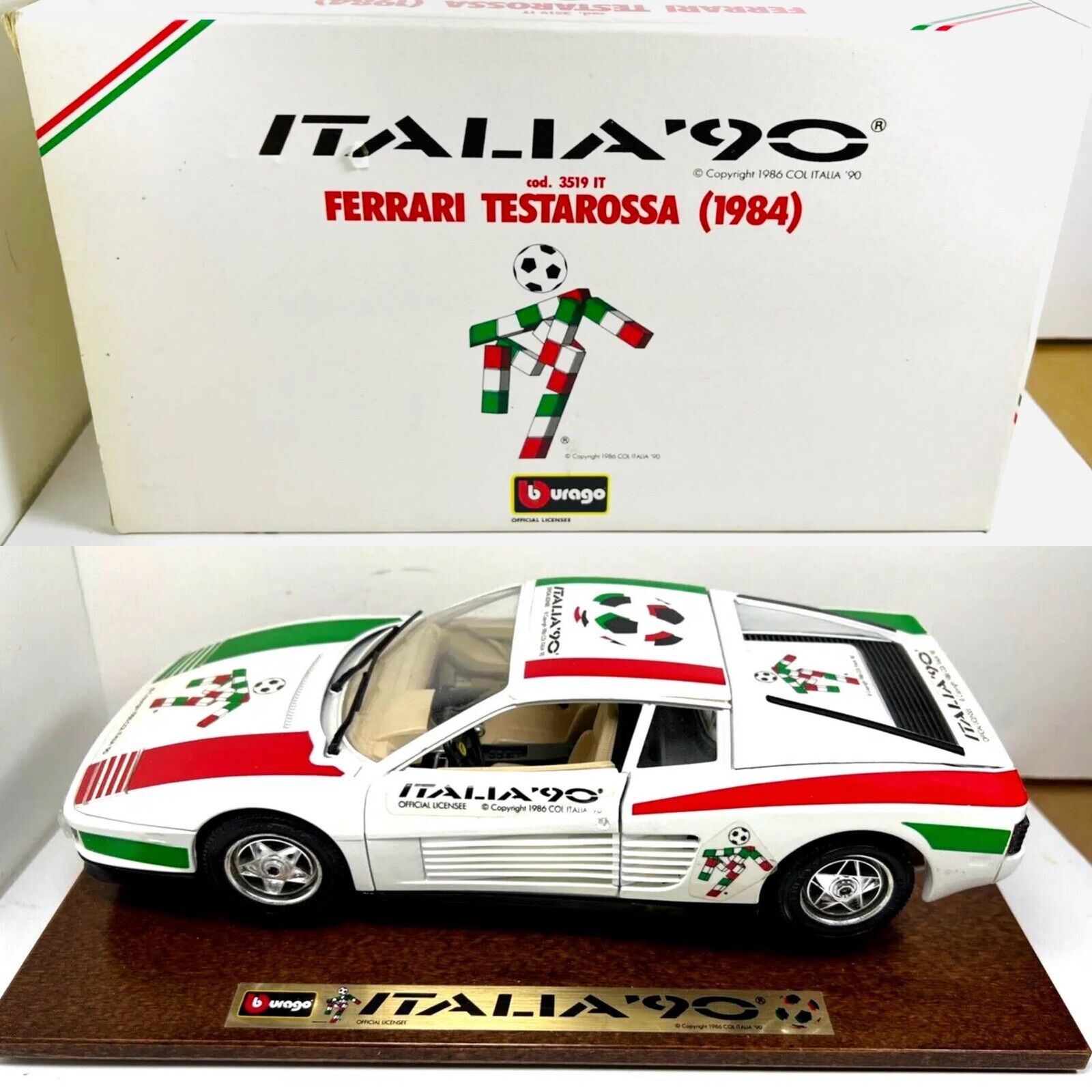 Ferrari Testarossa 1/18 Bburago Diecast Car World Cup 2022 Italia 90 Soccer