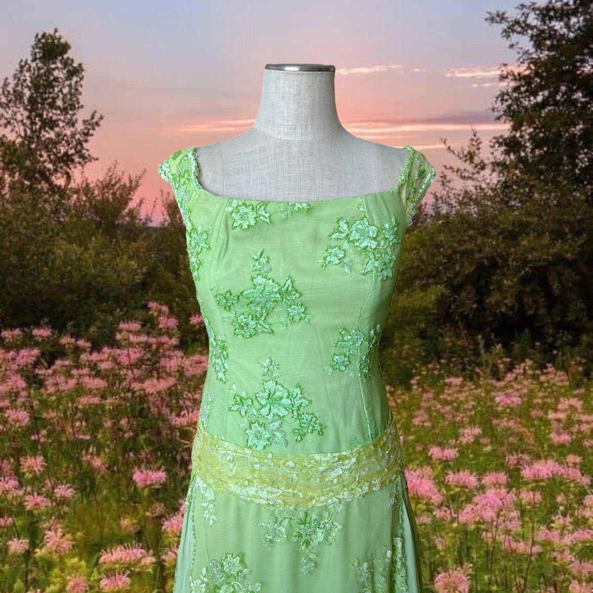 Vintage 90s Handmade Sparkly Pastel Green Floral Fairy Maxi Pr m Dress Gown Sz S