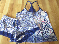 In Bloom By Jonquil Cami Top Shorts Pajama Set Blue Paisley Floral Lace L NWT