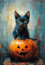 HALLOWEEN CAT ART PRINT, Cottagecore Decor, Animal Witchy Cat, Kitty Poster E312