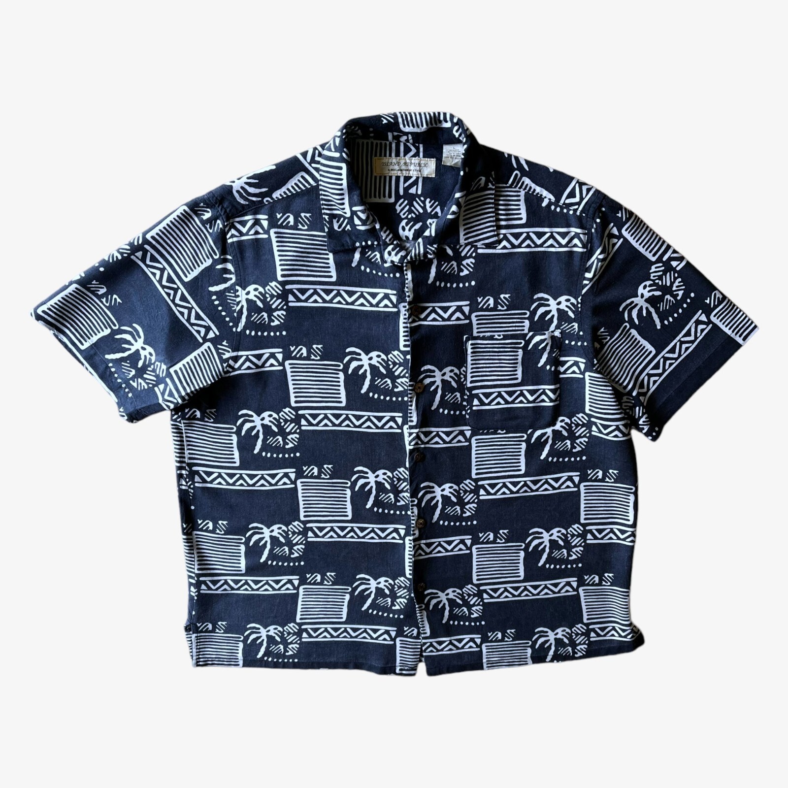 90s Vintage Navy Palm Tree Silk Blend Short Sleeve Shirt by Island Republic