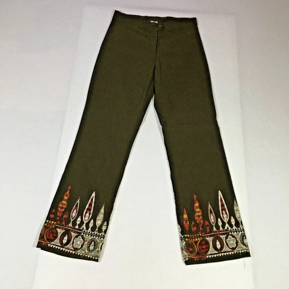 Sharagano Paris Womens Silk Blend Pants Sz 2 Olive Straight Print Legs NWOT - Image 4 of 4