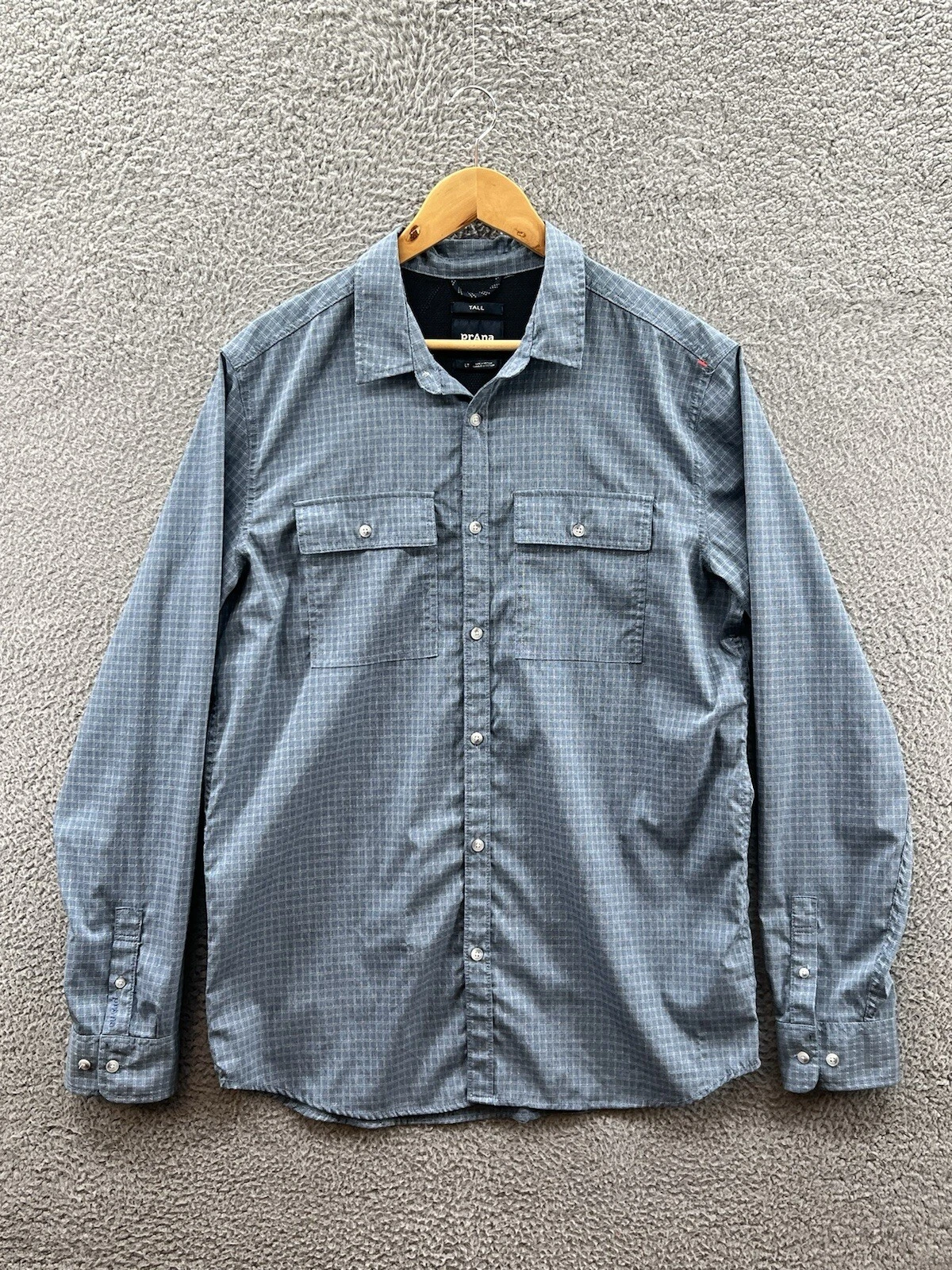 prAna Garvan Hiking Shirt Men’s Large Tall Antique Blue Grid Long Sleeve Vented