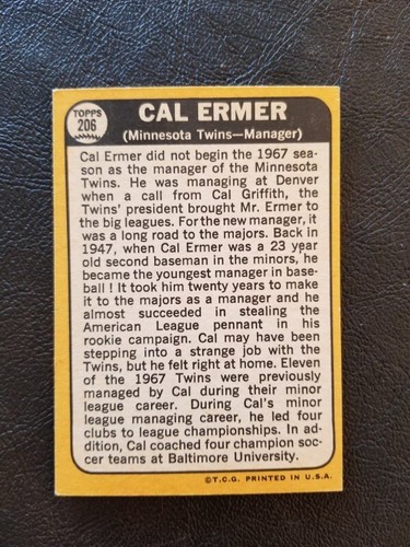 CAL ERMER 1968 TOPPS BASEBALL #206 MINNESOTA TWINS - Picture 2 of 2