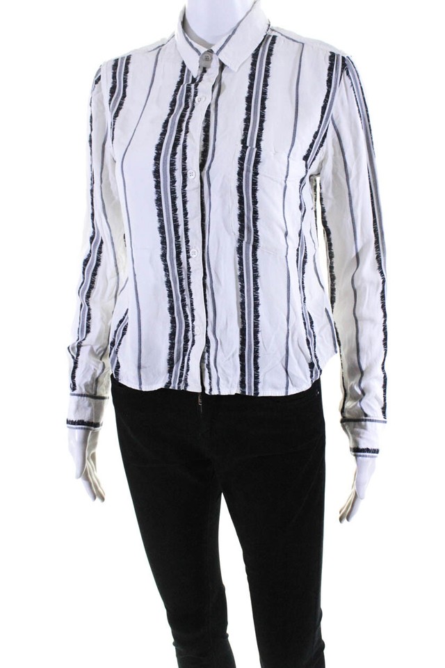Rails Women's Collar Long Sleeves Button Up Cropped Stripe Shirt White