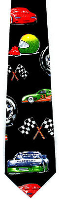 Race Car Driving Men's Necktie Sports Driver Flag Helmet Racing Black Neck Tie 