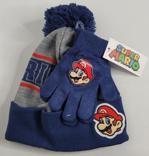 SUPER MARIO BROS Nintendo Boys Blue Knit Winter Beanie Hat Gloves Set Youth