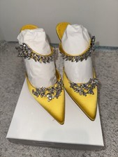 AUTH. NIB MANOLO BLAHNIK LURUM 90mm YELLOW EMBELLISHED SATIN MULES Sz 39