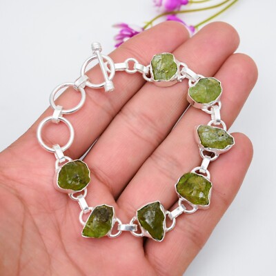 Peridot Raw Gemstone Chain Bracelet 925 Sterling Silver Handmade Jewelry Gift