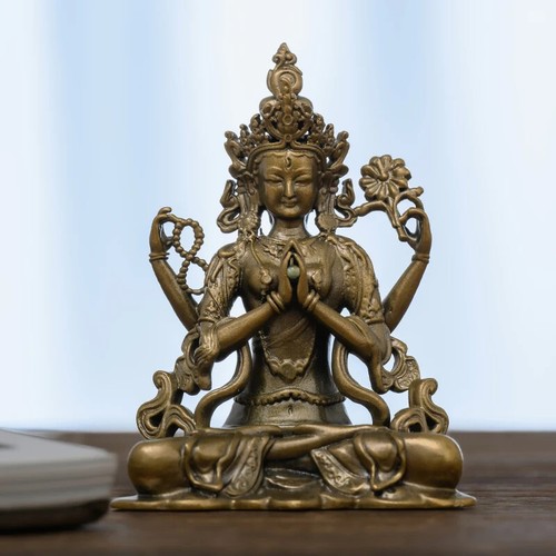Handmade Brass Four-Armed Avalokiteshvara Bodhisattva Buddhist Statue Decor
