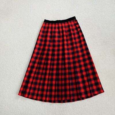 Vintage Viyella Red Plaid Tartan Check Maxi Pleated Skirt 100% Pure Wool Siz 12