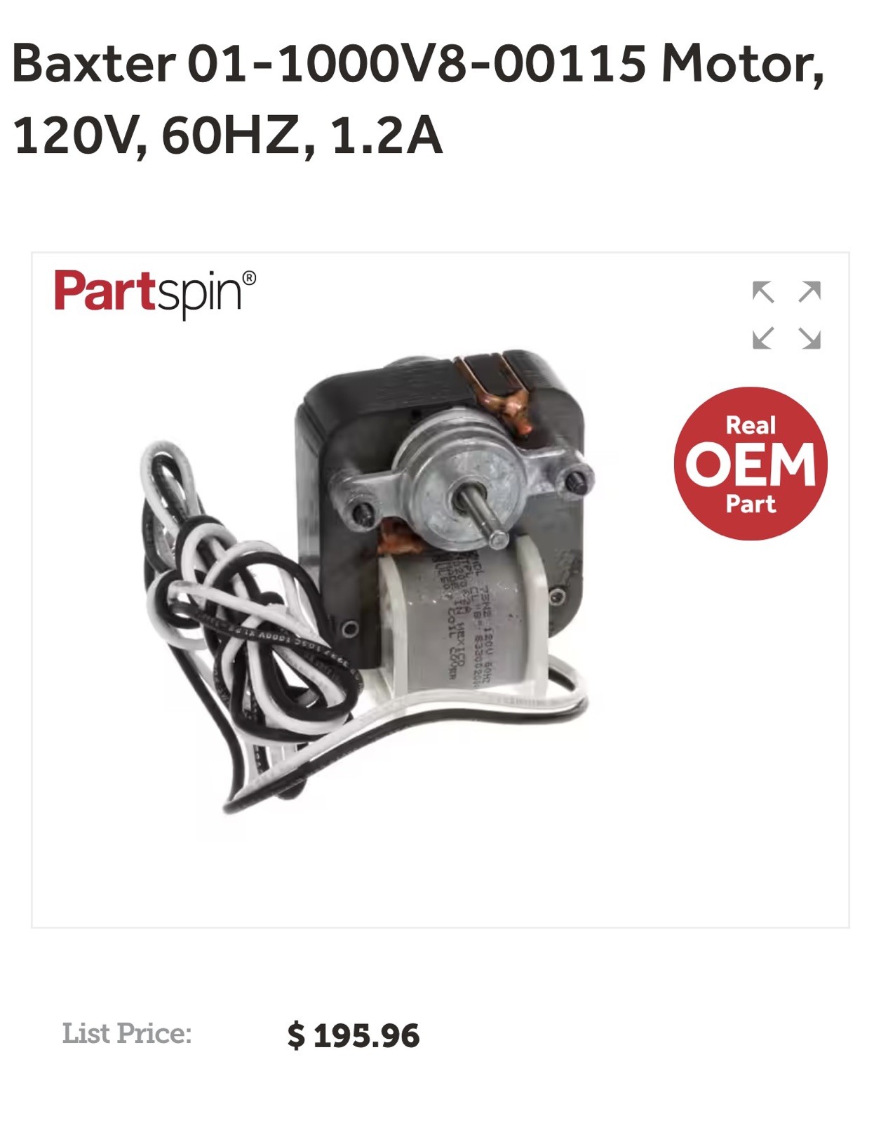 Hobart HP2 And Baxter PW2E Fan Motor Assembly. 01-1000V8-00115