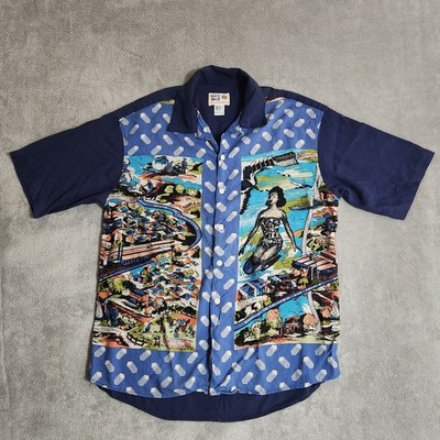 Verte Vallee 100% Rayon Loop Collar Shirt Men M Camp Printed Battlefield Vintage
