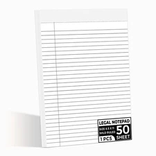 1 Pack Legal Notepad 5.5 x 8.5 Perforated Wide Ruled pads 50 Sheets Writing Pad