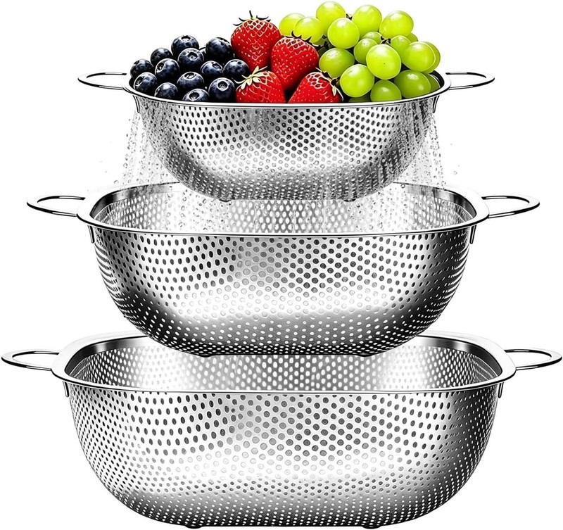 Stainless Steel Colander Set of 3-2.4/4 / 6 Qt, Square Colanders for Kitchen