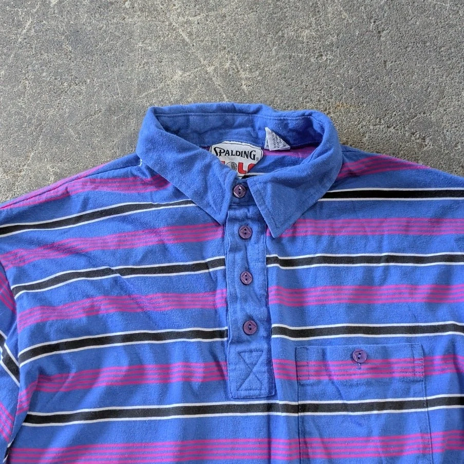 Vintage Spalding Golf Polo Shirt Size L Blue Striped Short Sleeve Summer 90s - Image 2 of 4