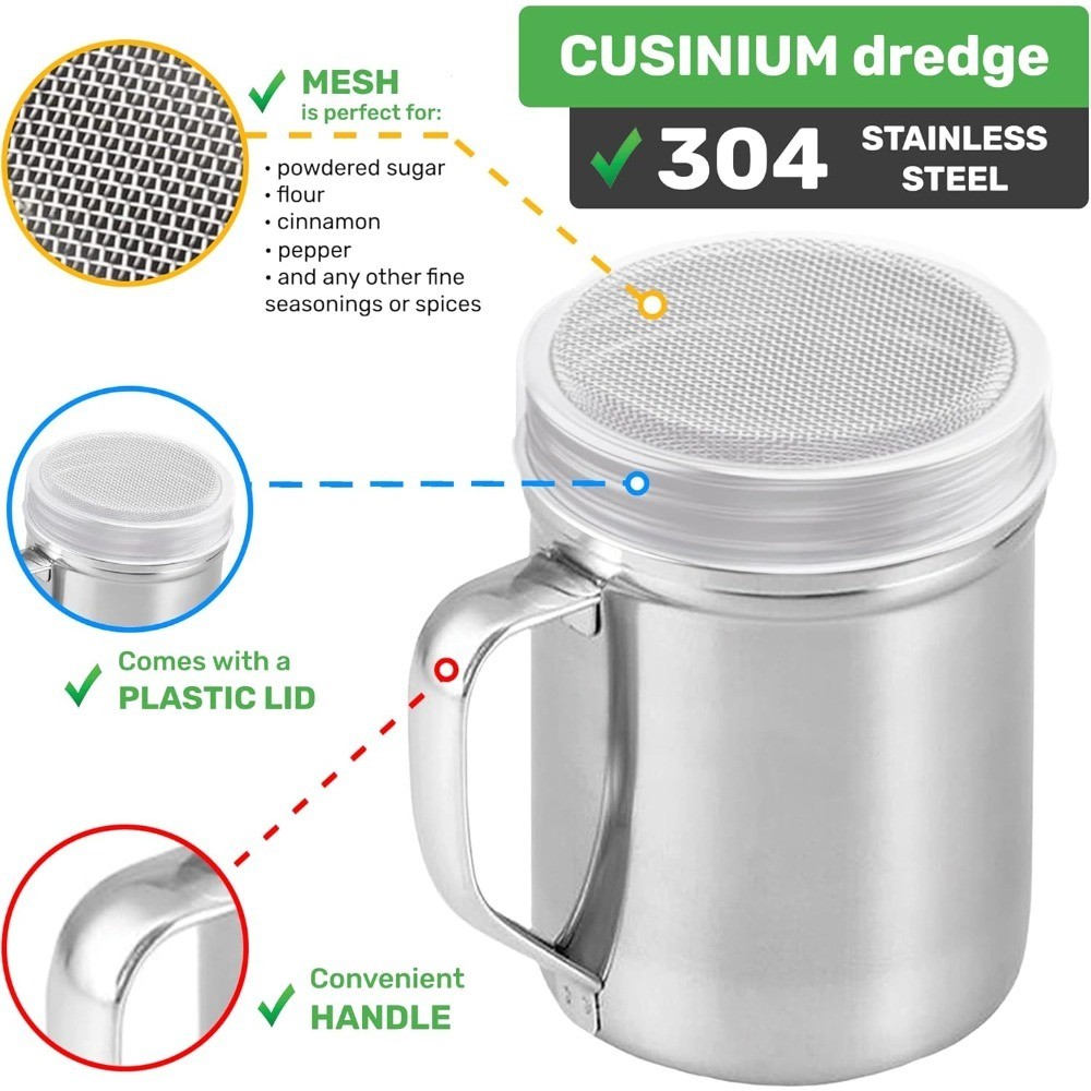 Powdered Sugar Shaker with Handle Fine Mesh Dredge Cinnamon Sugar Dispenser for