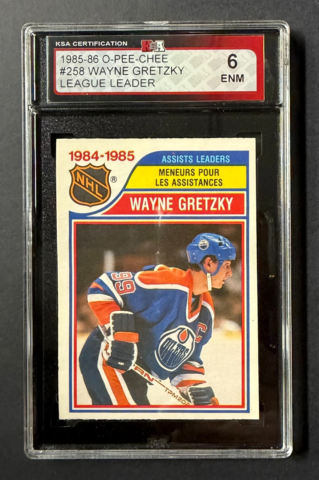 1985-86 OPC #258 Wayne Gretzky Hockey Card KSA 6 ENM NHL Edmonton Oilers Assist