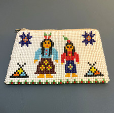 Vintage 1970s Seed Bead Coin Purse Pictorial Native American Style Tipi YKK