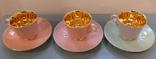 3 VTG Figgjo Flint Norway Espresso Demitasse Cups 4 Saucers Set Colorful W Gold