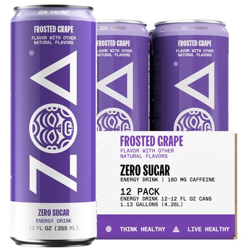 ZOA Zero Sugar Energy Drinks,Frosted Grape-Sugar Free,Green Tea-12 Fl Oz,12-Pack