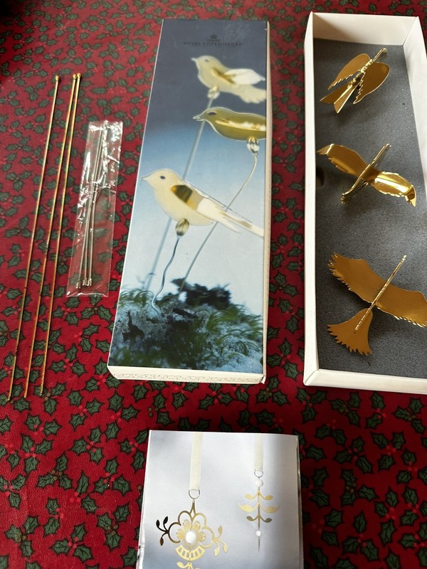 Royal Copenhagen brass birds 3cs in box Christmas Ornaments