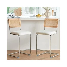 Stylish 24 Inch Counter Stools with Rattan Backrest and Chrome Legs, Solid Wood