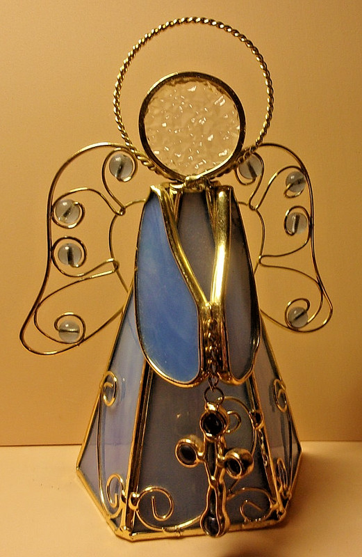 Vintage Blue Color Stained Glass Angel With Blue Stain Glass Cross 6.75"