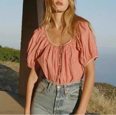 Women Doen Round Neck Check Puff Sleeve Shirt Top